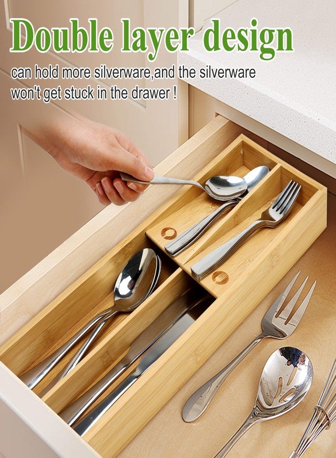Hilislog Small Bamboo Silverware Organizer for Drawer Utensil Tray Wood Cutlery Organizer Holder Narrow Flatware Caddy Wooden Kitchen Utensil Cutlery Drawer Skinny Fork and Spoon Silverware Organizer Tray - Image 3